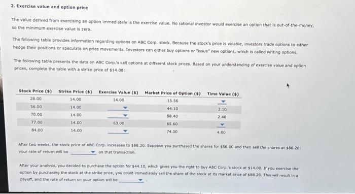 Solved 2. Exercise value and option price The value derived | Chegg.com