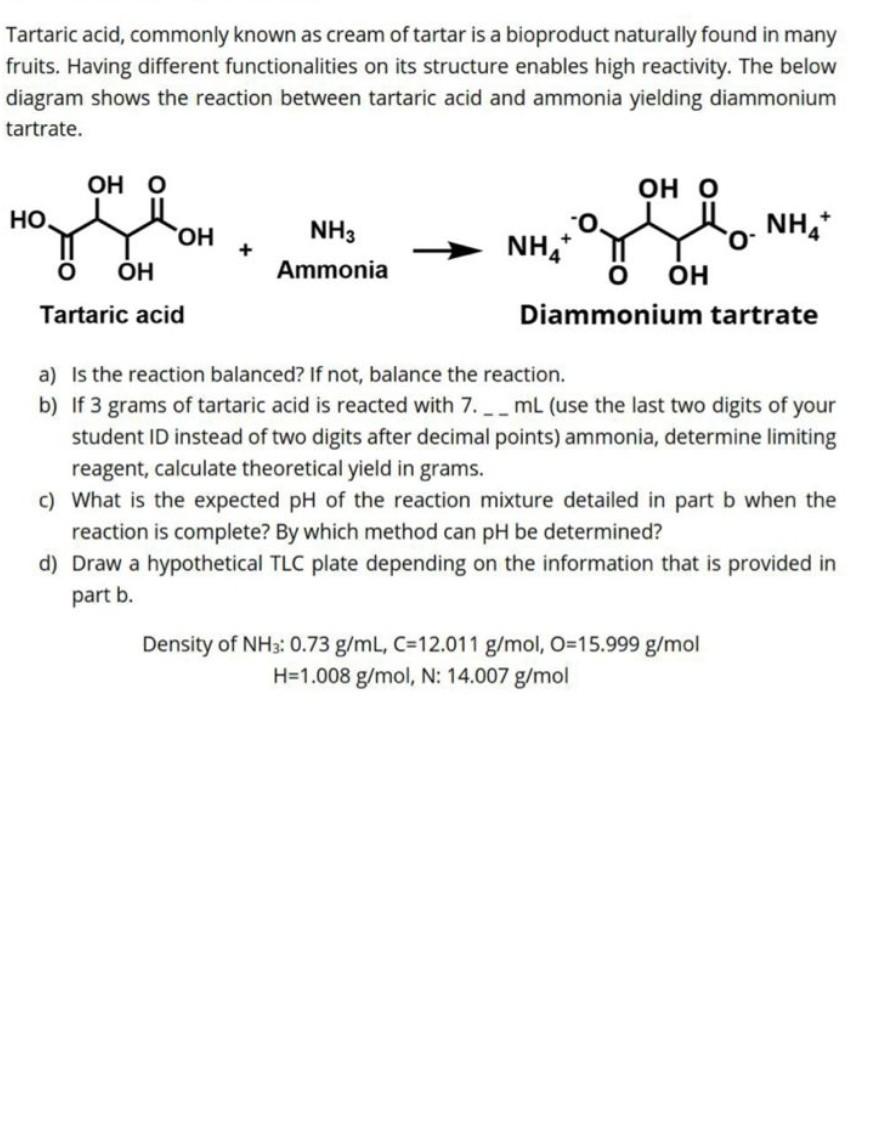 Solved Tartaric acid, commonly known as cream of tartar is a