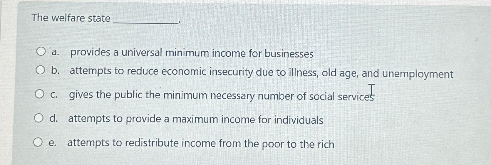 Solved The welfare statea. ﻿provides a universal minimum | Chegg.com