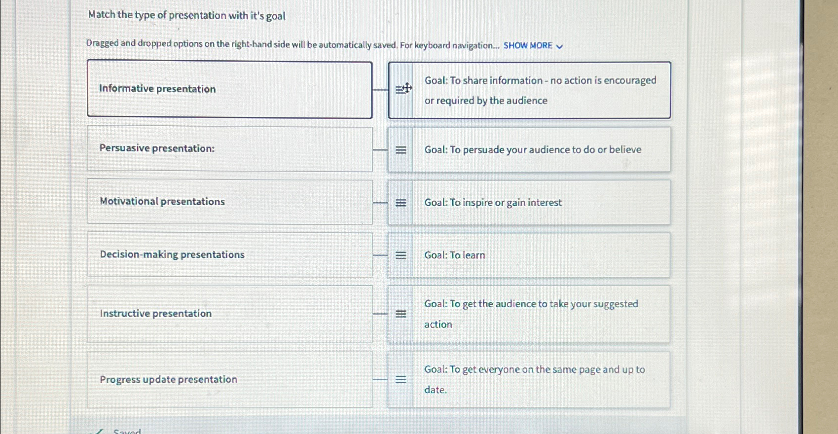 Solved Match the type of presentation with it's goalDragged | Chegg.com