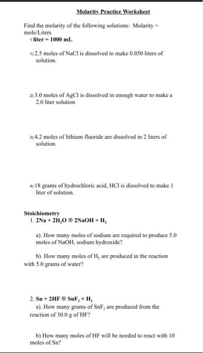 Solved Molarity Practice Worksheet Find the molarity of the Chegg com