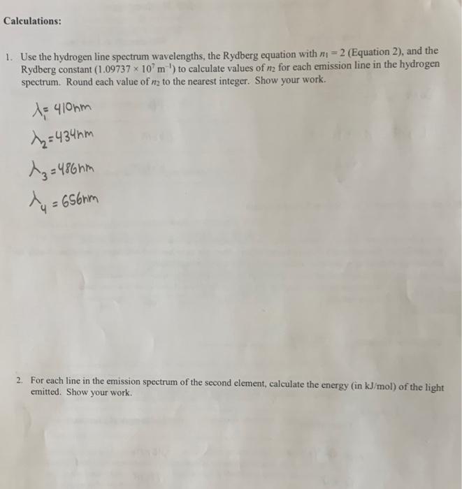 Solved 1. Use the hydrogen line spectrum wavelengths, the | Chegg.com