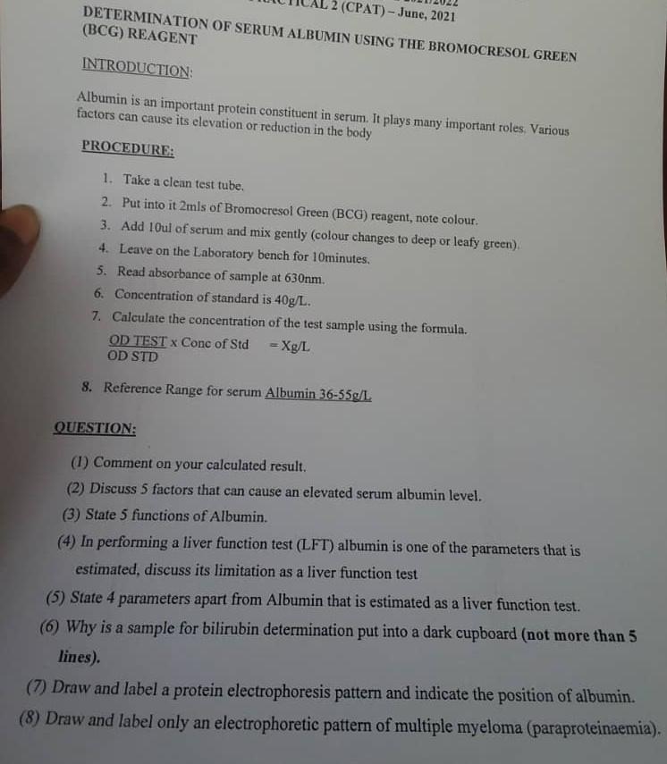 (CPAT) June, 2021 DETERMINATION OF SERUM ALBUMIN