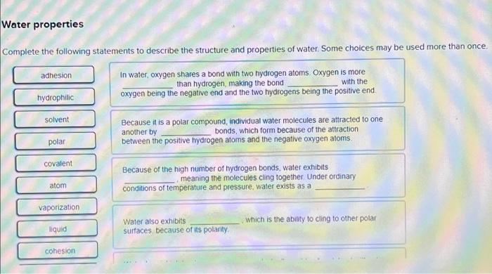 Solved Water properties Complete the following statements to | Chegg.com