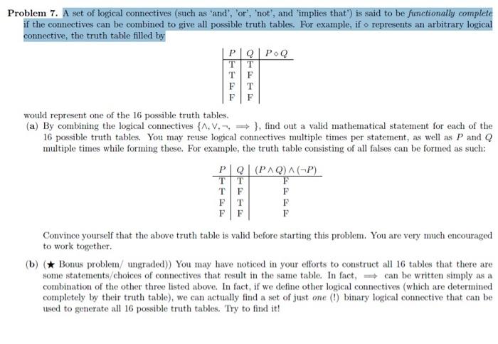 Solved Problem 7. A set of logical connectives (such as | Chegg.com