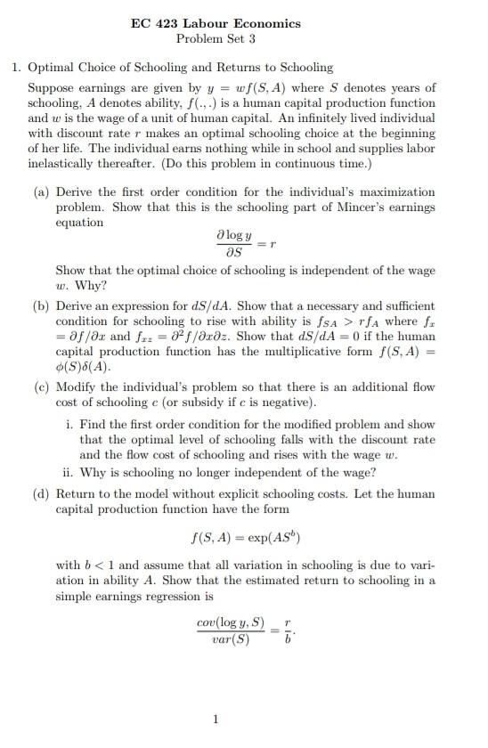 Solved EC 423 Labour Economics Problem Set 3 1. Optimal | Chegg.com