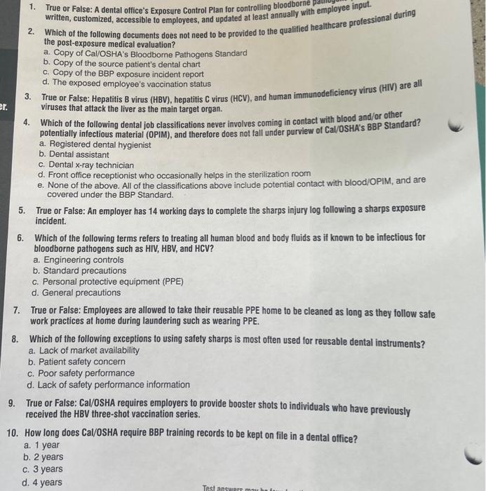 Solved 1. True or False: A dental office's Exposure Control | Chegg.com
