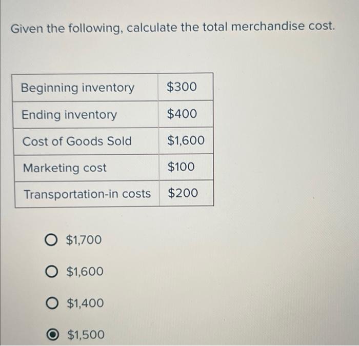 Solved Given the following, calculate the total merchandise