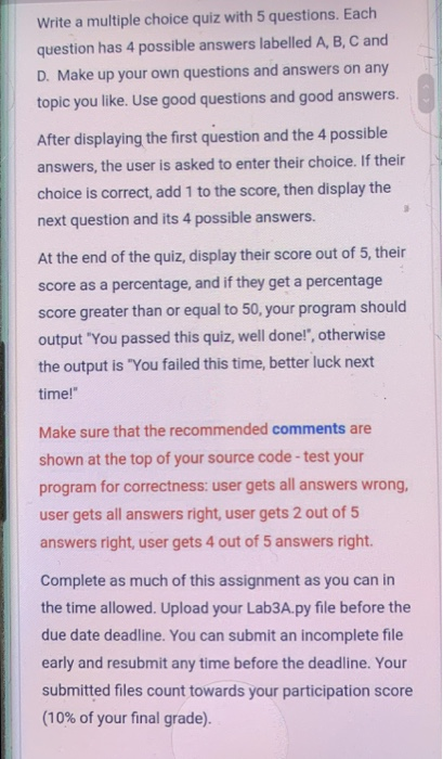 Solved Write a multiple choice quiz with 5 questions. Each | Chegg.com