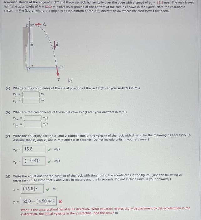 A woman stands at the edge of a cliff and throws a rock horizontally over the edge with a speed of \( v_{0}=15.5 \mathrm{~m} 