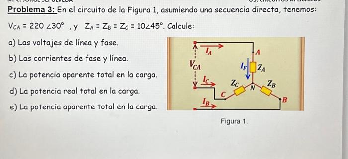 Problema 3: En el circuito de la Figura 1, asumiendo una secuencia directa, tenemos: \( V_{C A}=220 \angle 30^{\circ} \), y \