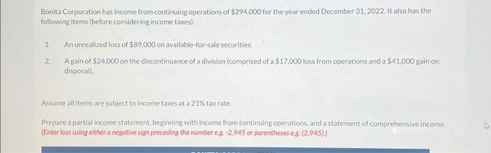 Solved Bonita Corporation has income from continuing | Chegg.com