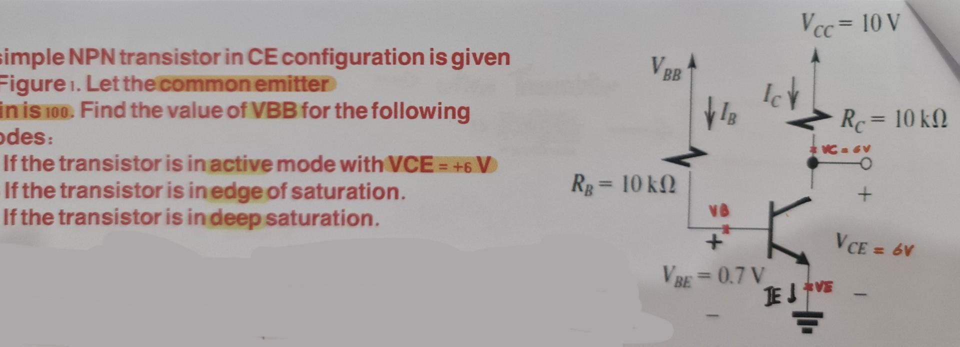 Solved Vcc= 10v VBE BB Ich 1B Rc = 10k simple NPN transistor