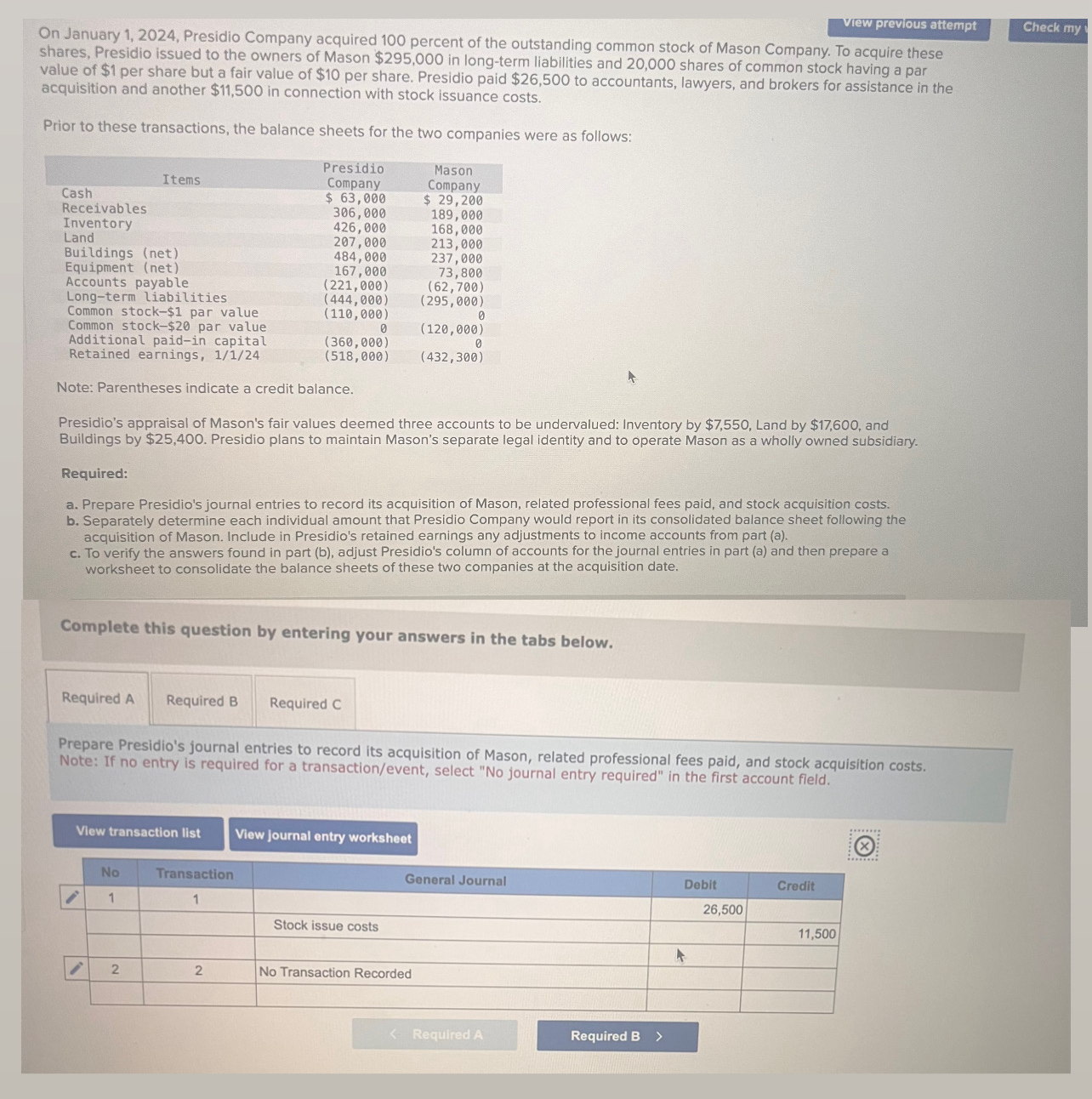 Solved View Previous AttemptOn January 1, 2024, ﻿Presidio | Chegg.com