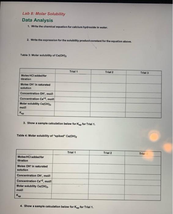 Solved Lab 8: Molar Solubility Data Table 1. Titration of | Chegg.com