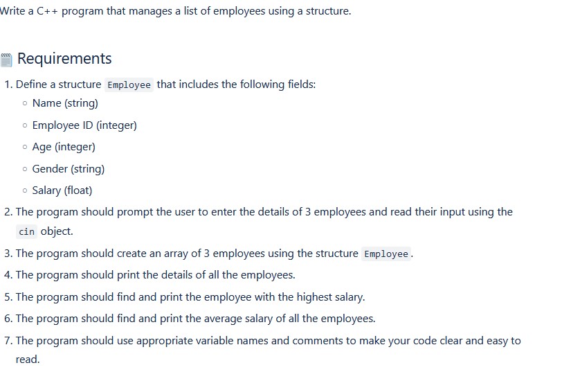 Program Using Structure Employee Details Solved Write a C++ program that manages a list of employees | Chegg.com