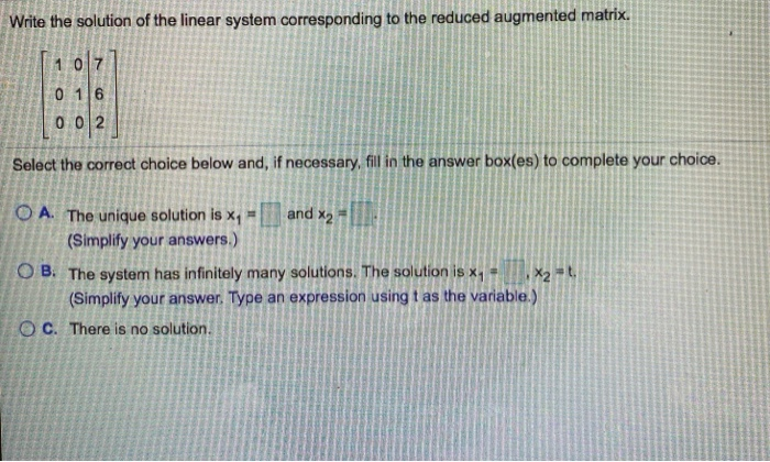 Solved Write the solution of the linear system corresponding | Chegg.com