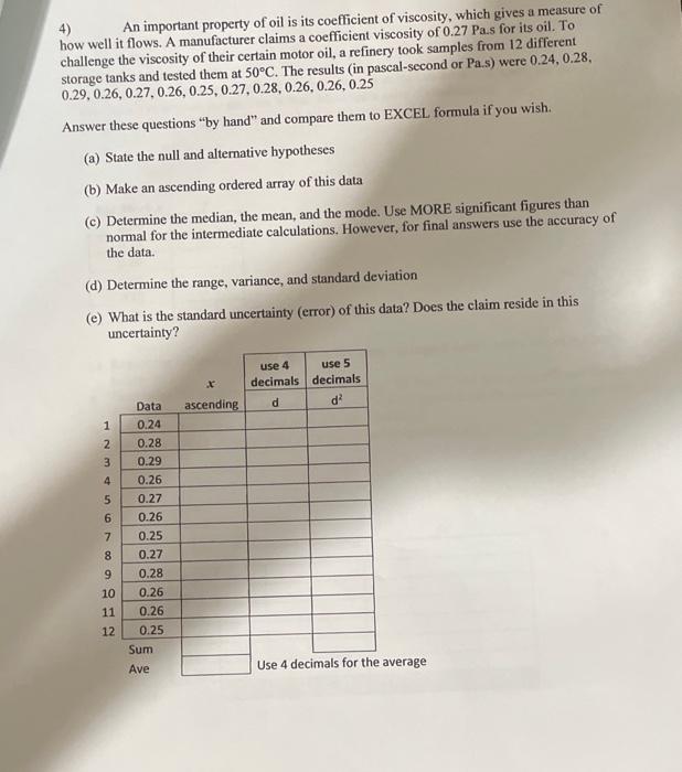 Solved 4) An Important Property Of Oil Is Its Coefficient Of 