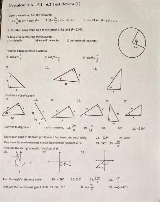 Solved Precalculus A−6.1 - 6.2 Test Review (1) Given the | Chegg.com