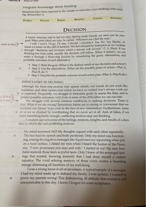 CHAPTER Point of View Integrate knowledge while Reading Questions have been inserted in the margin to stimulate your thinking