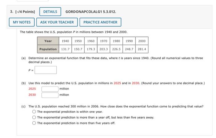 Solved The table shows the U.S. population P in millions | Chegg.com
