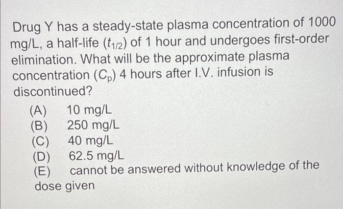 Solved Drug Y Has A Steady state Plasma Concentration Of Chegg