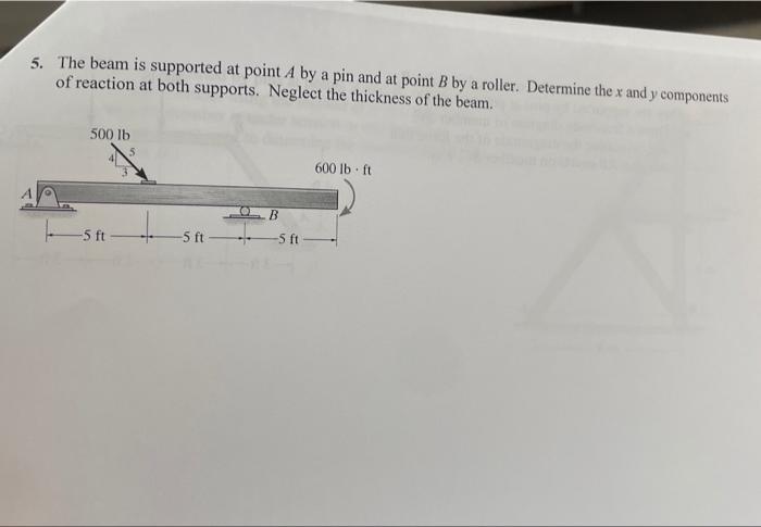 Solved 5. The beam is supported at point A by a pin and at | Chegg.com