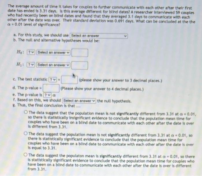 Solved The average amount of time it takes for couples to | Chegg.com