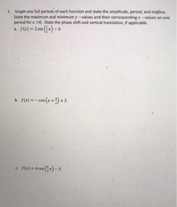 Solved 1. Graph one full periods of each function and state | Chegg.com