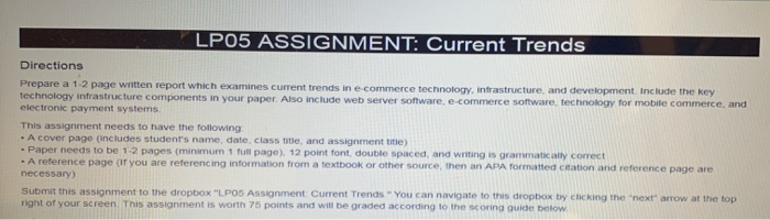 LP05 ASSIGNMENT: Current Trends Directions Prepare a 1-2 page written report which examines current trends in e-commerce tech