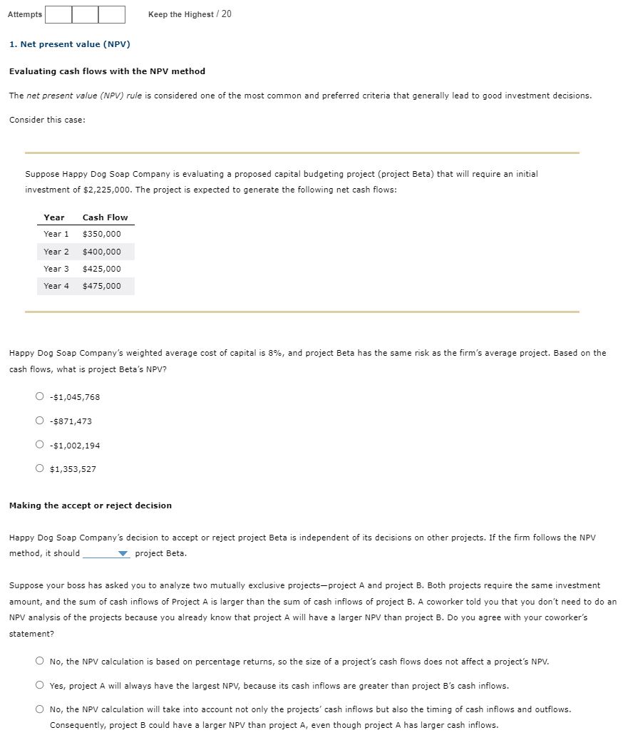 Solved Net present value (NPV)Evaluating cash flows with the | Chegg.com