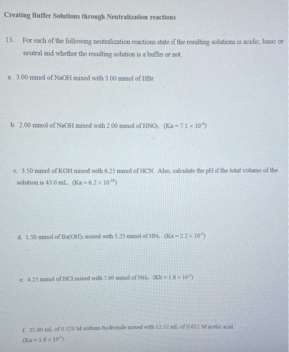 Solved Creating Buffer Solutions through Neutralization | Chegg.com
