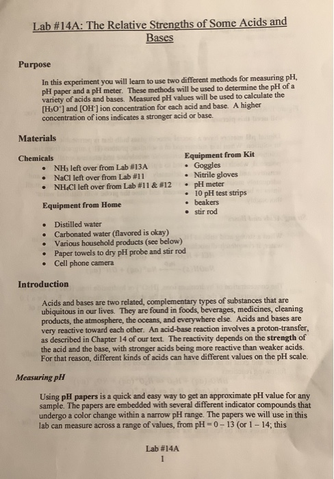 Solved Lab #14A: The Relative Strengths Of Some Acids And | Chegg.com