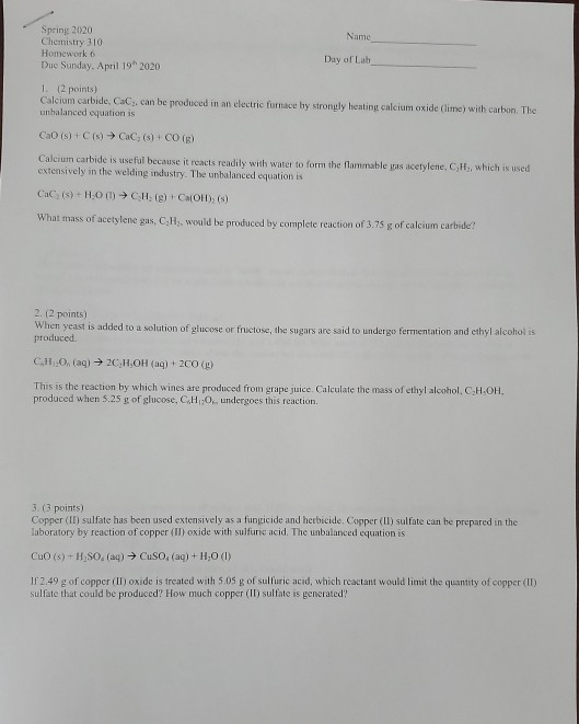 Solved Name Spring 2020 Chemistry 110 Homework 6 Duc Sunday, | Chegg.com