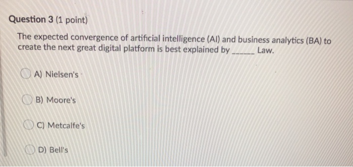 Question 3 (1 point) The expected convergence of artificial intelligence (AI) and business analytics (BA) to create the next
