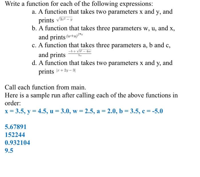 Solved Write a function for each of the following | Chegg.com
