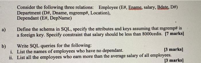 Solved Consider the following three relations: Employee (E#, | Chegg.com