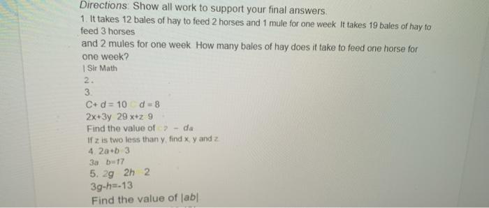 Solved Directions Show all work to support your final | Chegg.com