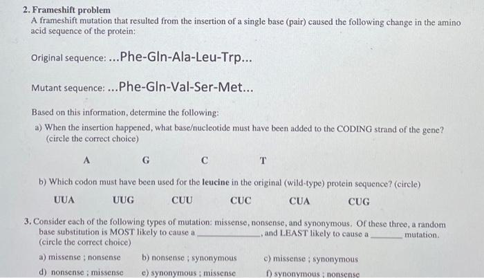 Solved 2. Frameshift problem A frameshift mutation that | Chegg.com
