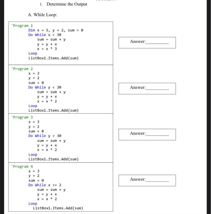 Solved 1. Determine the Output A. While Loop: Program 1 Dim | Chegg.com