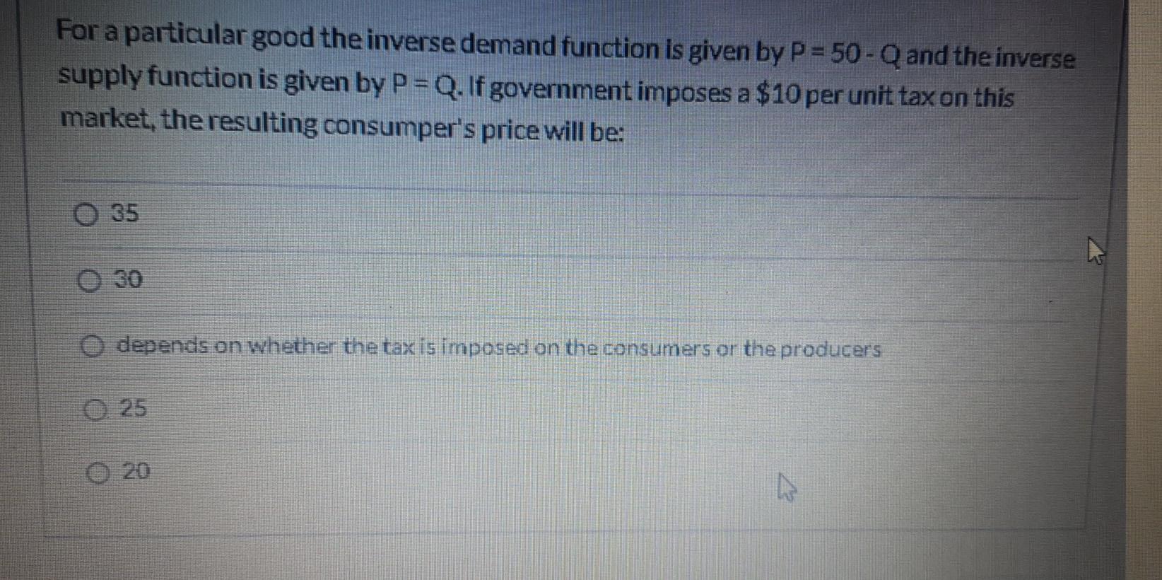 Solved For a particular good the inverse demand function is