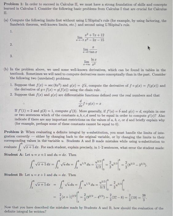 Solved Problem 1: In order to succeed in Calculus II, we | Chegg.com