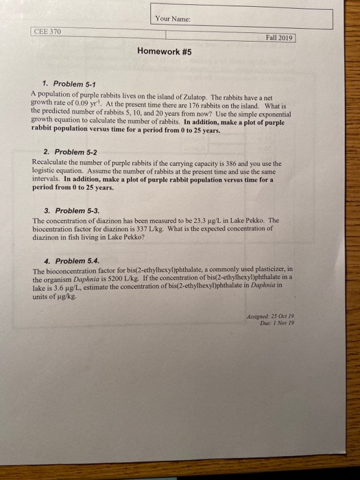 Solved Your Name CEE 370 Fall 2019 Homework 5 1. Problem
