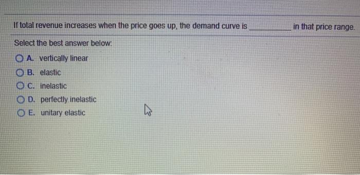 Solved If total revenue increases when the price goes up, | Chegg.com