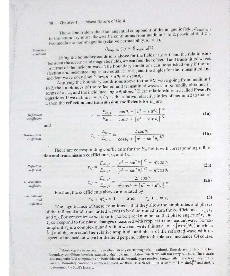 Solved 1.6 FRESNEL'S EQUATIONS A. Amplitude Reflection and | Chegg.com