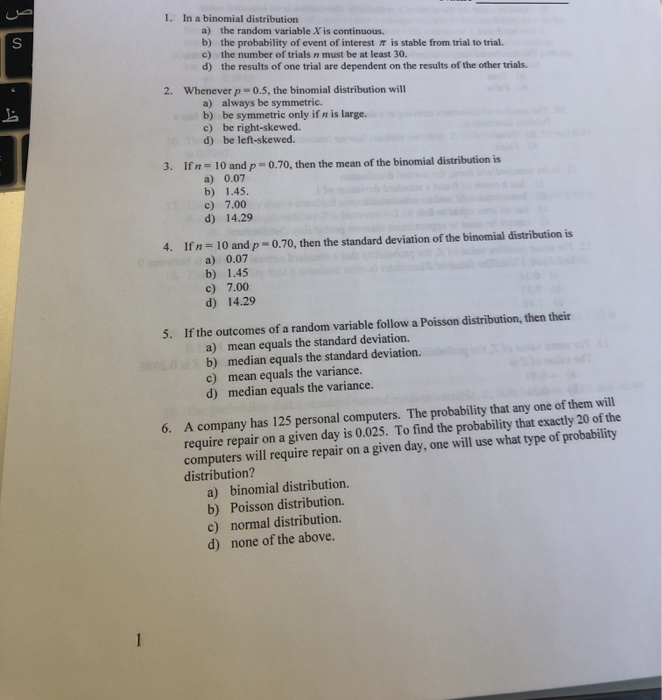 Solved 1. In A Binomial Distribution A) The Random Variable | Chegg.com