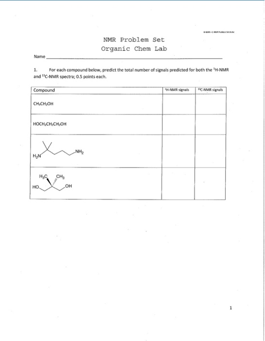 Solved NMR Problem Set Organic Chem Lab Name 1. For Each | Chegg.com