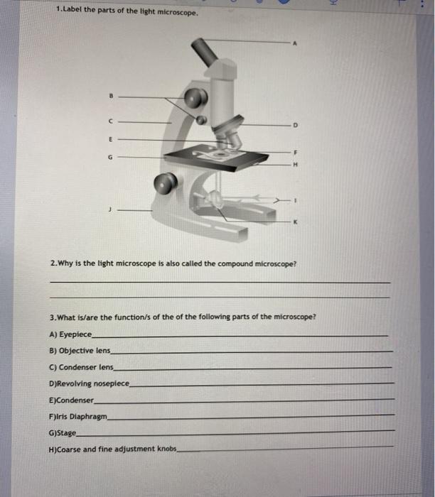 parts of a microscope worksheet answers