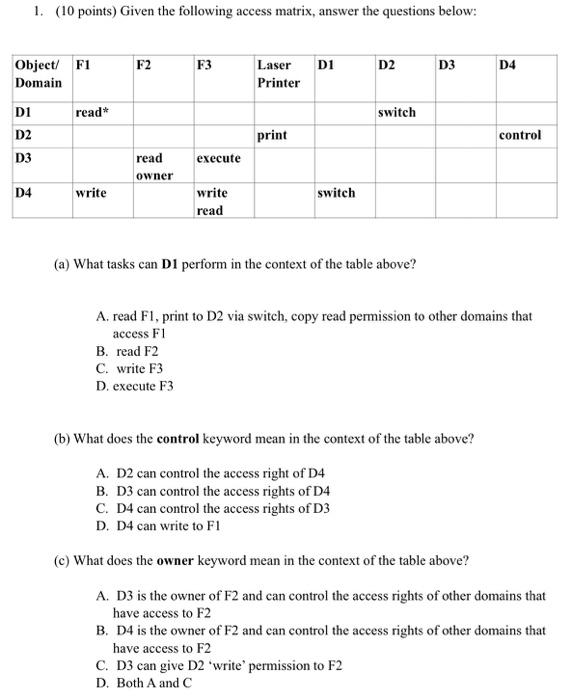 Solved 1. (10 points) Given the following access matrix, | Chegg.com