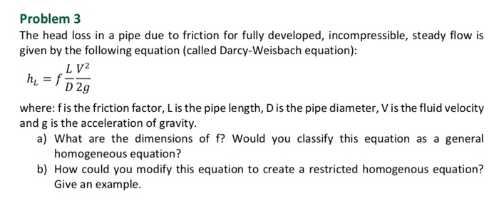 Solved Problem 3 The Head Loss In A Pipe Due To Friction For | Chegg.com